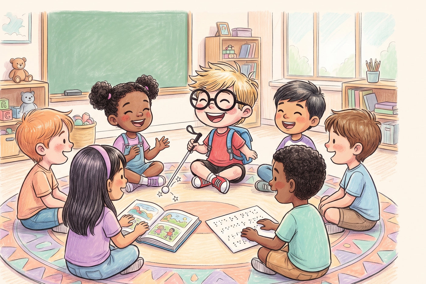 Theo und sechs weitere Kinder sitzen im Kreis auf einem bunten Klassenteppich. Theo hat eine runde Brille, ein rotes Shirt, einen blauen Rucksack und hält seinen weißen Langstock. In der Mitte liegen ein aufgeschlagenes Bilderbuch und ein Blatt mit Braille-Punkten, das ein Kind ertastet.