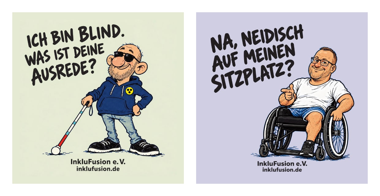 Zwei quadratische Bierdeckel nebeneinander, gezeichnet im Comicstil. Links auf Mint: ein Mann mit Sonnenbrille, blauem Kapuzenpulli mit gelbem Blindenabzeichen und weißem Langstock, daneben der Spruch „Ich bin blind. Was ist deine Ausrede?“. Rechts auf Lila: ein lächelnder Mann im Rollstuhl, der mit dem Finger nach vorn zeigt, daneben „Na, neidisch auf meinen Sitzplatz?“. Unten auf beiden: InkluFusion e. V., inklufusion.de.